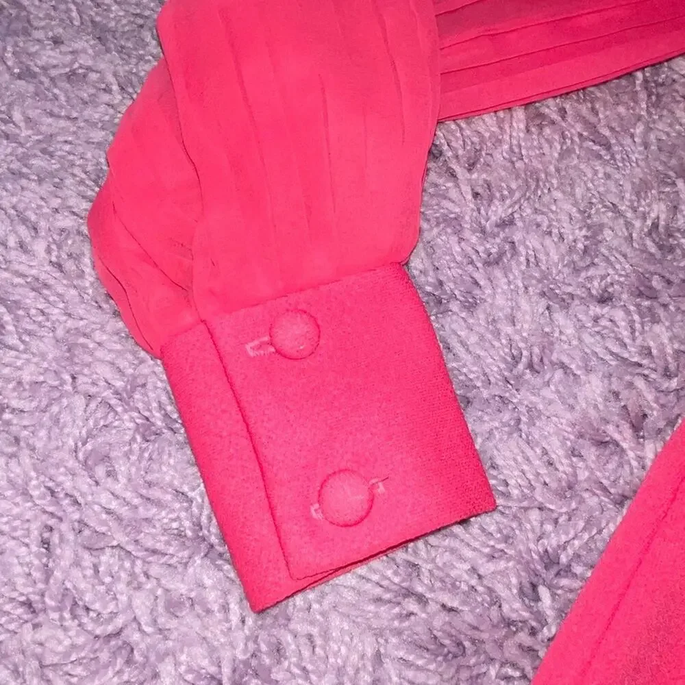 M Hot Pink VTG Button Up Long Sheer Sleeve Fitted Blazer Shirt Dress Pleated Top